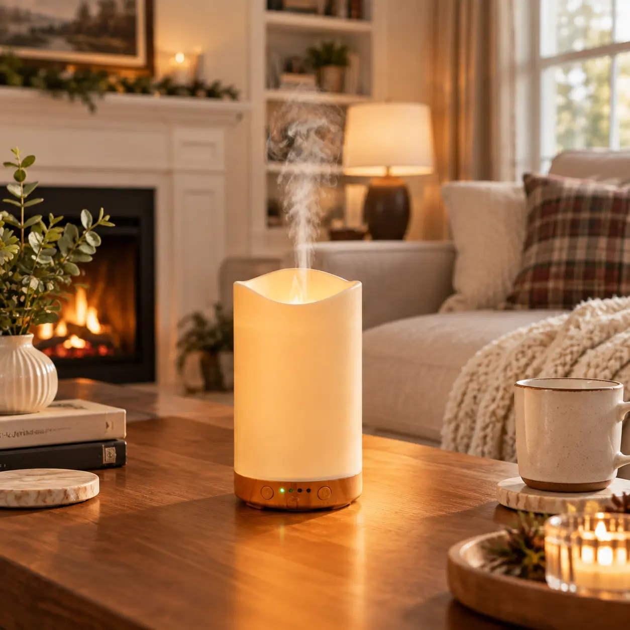 4-in-1 Multi-Function Flameless Candle Shape AromaDiffuser - Warm Flame Effect Light, Cool MistHumidifier, Quiet Mist Maker, Home Decor for Bedroom,Indoor Recreation Christmas Gift