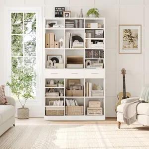 HOSTACK 75" Tall Bookshelf and Bookcase 47" Wide with 3 Drawers Modern 9 Tier Adjustable Shelves for Living Room Storage and Display