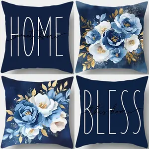 4-Piece Pillow Covers Set, Homey Home/bless Floral Pattern Text Design, Polyester Material, Zipper Closure, All Seasons Use
