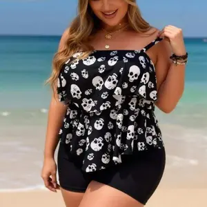 Women's 2026 New Skull Tankini Set - High-Waisted Black & White Print Bathing Suit, Tummy Control, Adjustable Straps, Quick-Drying Modest Plus Size Women's Swimsuits