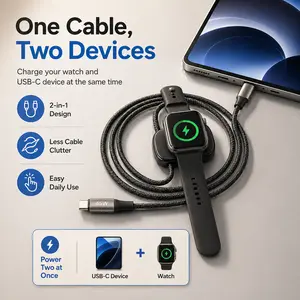 65W 2-in-1 USB-C to USB-C Cable with Apple Watch Wireless Charger 3.93ft/1.2m Fast Charging PD 30W Data Transfer Braided Aluminum Black Durable Magnetic Alignment