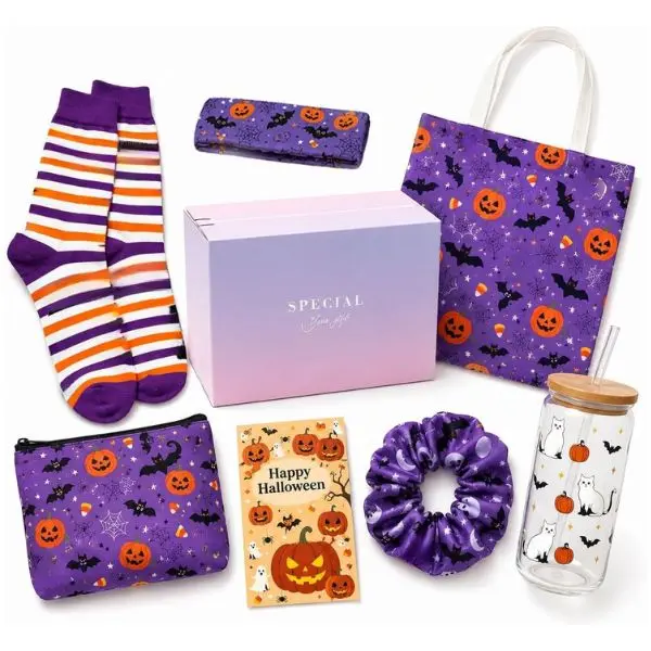 Halloween Boo Basket Gift Box , Cute Spooky Makeup Bag and Glass Cup Set | 7 Pcs Halloween Spooky Gifts with Crochet Boo Basket for Women Teens Girls Her Sister