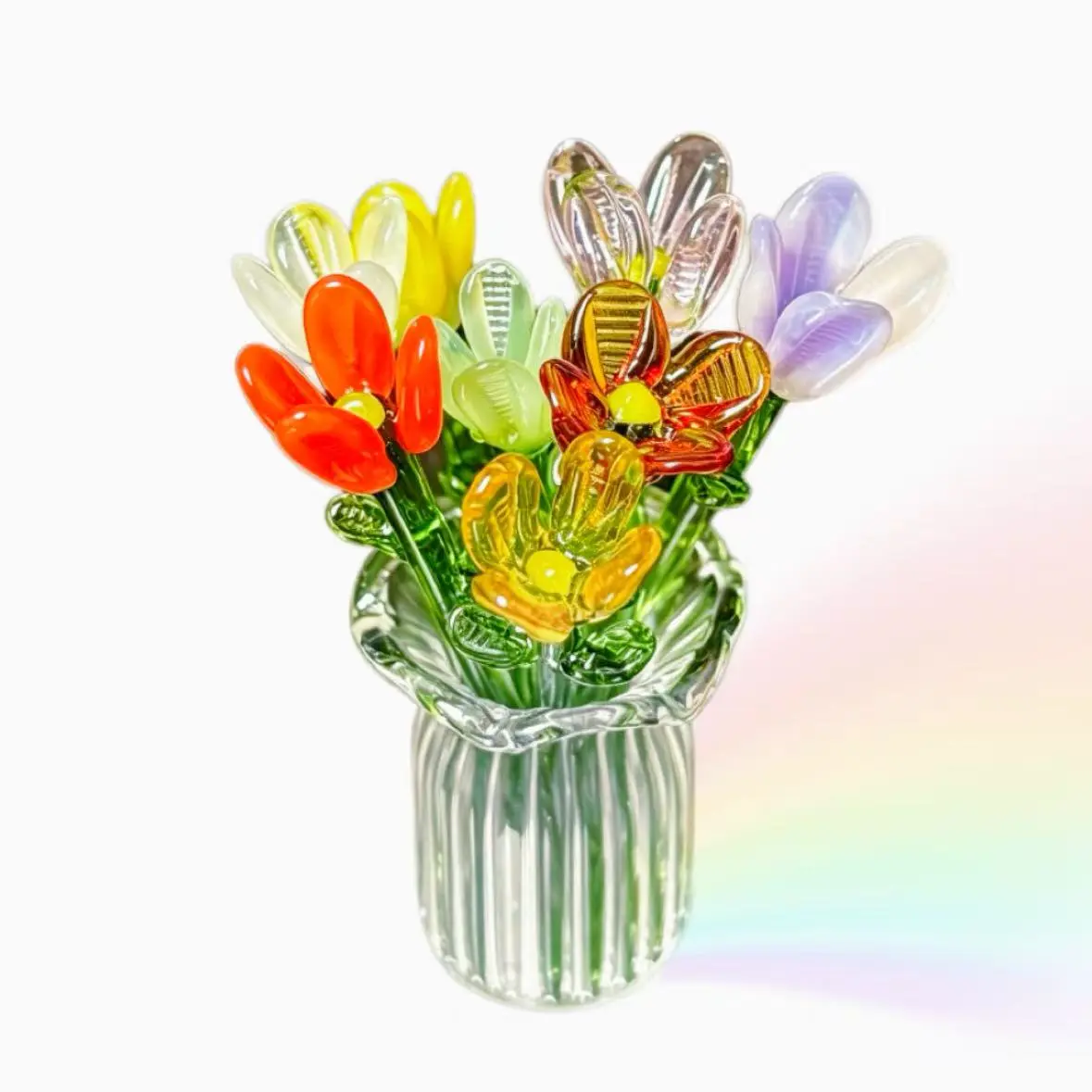 1 Set 8 Mixed Handcrafted Mini Glass Artificial Flowers With Clear Glass Vase DIY Simulation Floral Bouquet Ornaments Elegant Tabletop Faux Glass Flower Arrangement Decor For Home Room Party Holiday Gift Giving