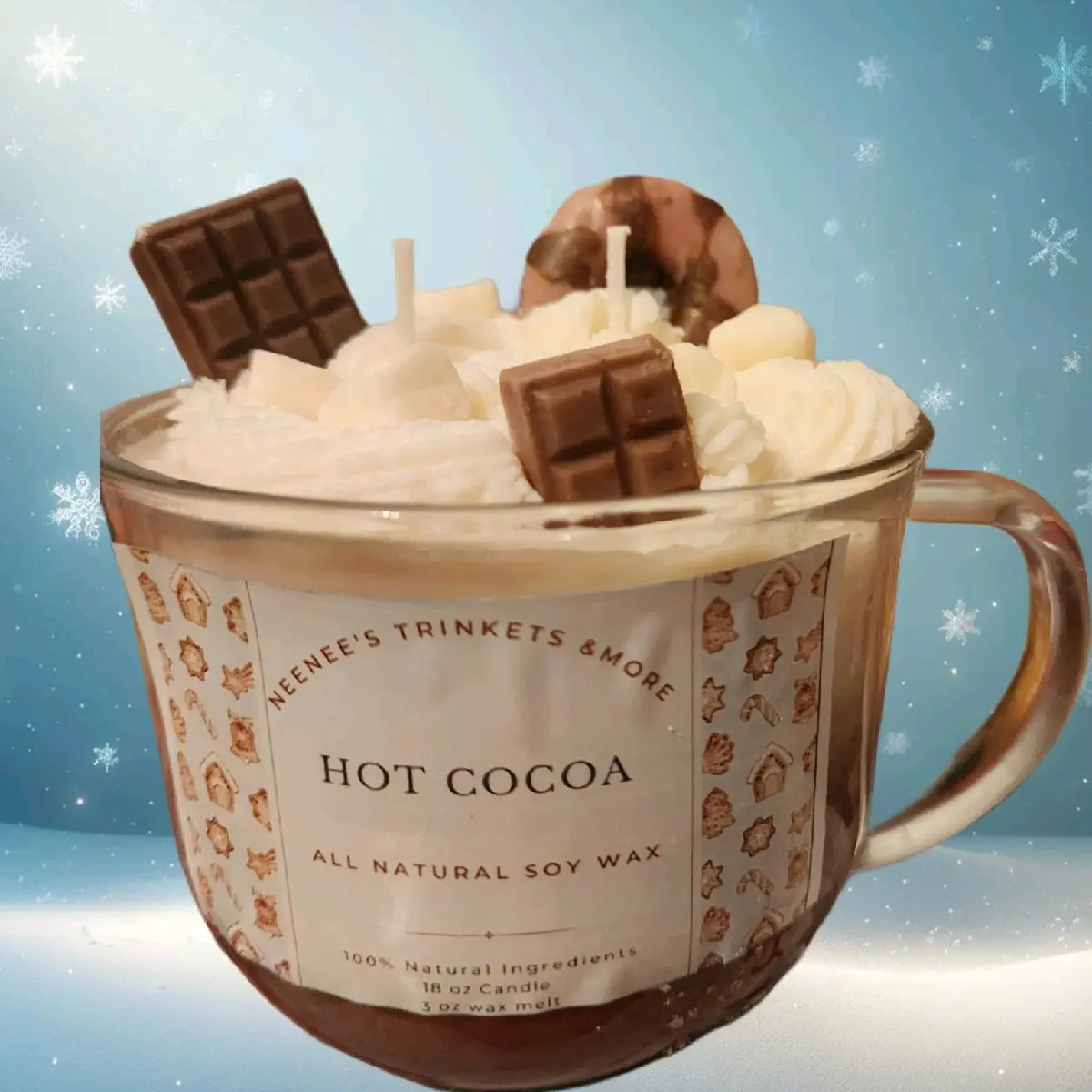 Hot Cocoa 18 oz Christmas 3 Wick with Chocolate or Donut Wax Melts - Aroma Freshener, Decor Scented Aroma, Soy Wax Clean Burn