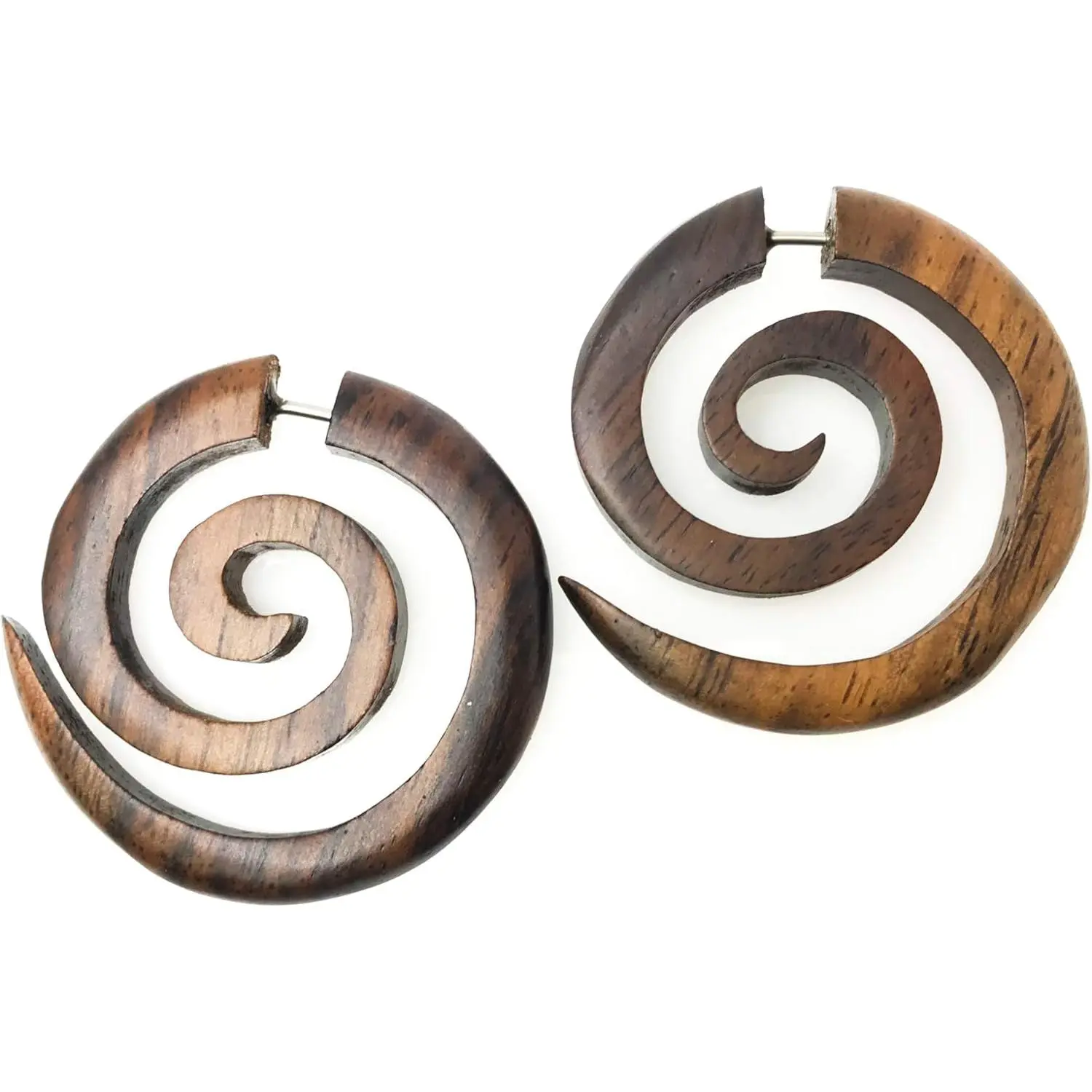 Tribal Wooden Earrings - Modern Tribe Motif Spiral Hippie Faux Plugs Tapers, Black Brown, 316L Surgical Steel, for Emo Goth Punk Styles, Spiral Shape, Tribal Earrings