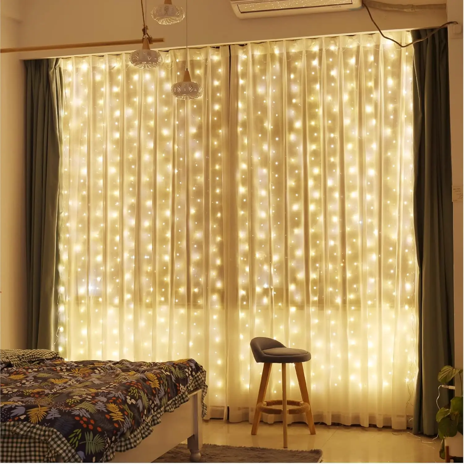 300 LED Curtain Fairy Lights with Remote - 9.8x9.8 Ft USB Plug-in String Lights, 8 Modes Twinkle Silver Wire for Bedroom, Window, Happy Independence Day, Christmas, Wedding Party Decor (Warm White)