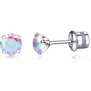 Titanium Earrings, Hypoallergenic Screw Back G23 Implant Grade 20G Titanium Simulated Diamond Earrings for Sensitive Ears 5mm 5A Cubic Zirconia Stud Earrings for Women Men