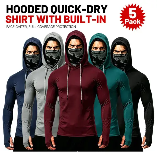 Men’s 6-Pack Sports Hoodie Sets - Long Sleeve, Unisex, High-Stretch Quick-Dry UPF 50+ UV-Protective Breathable Fabric, Mask Design Hooded Tops for Running, Fitness, Outdoor Activities