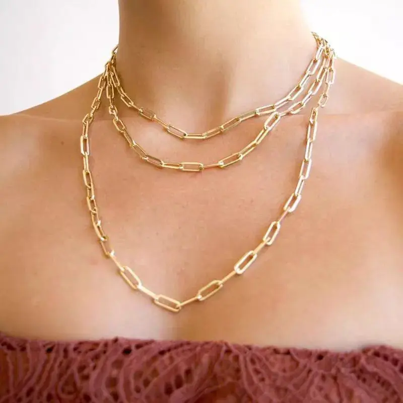 14K Gold Filled Paper Clip Chain Layered Necklace – Long Link Stacking Jewelry