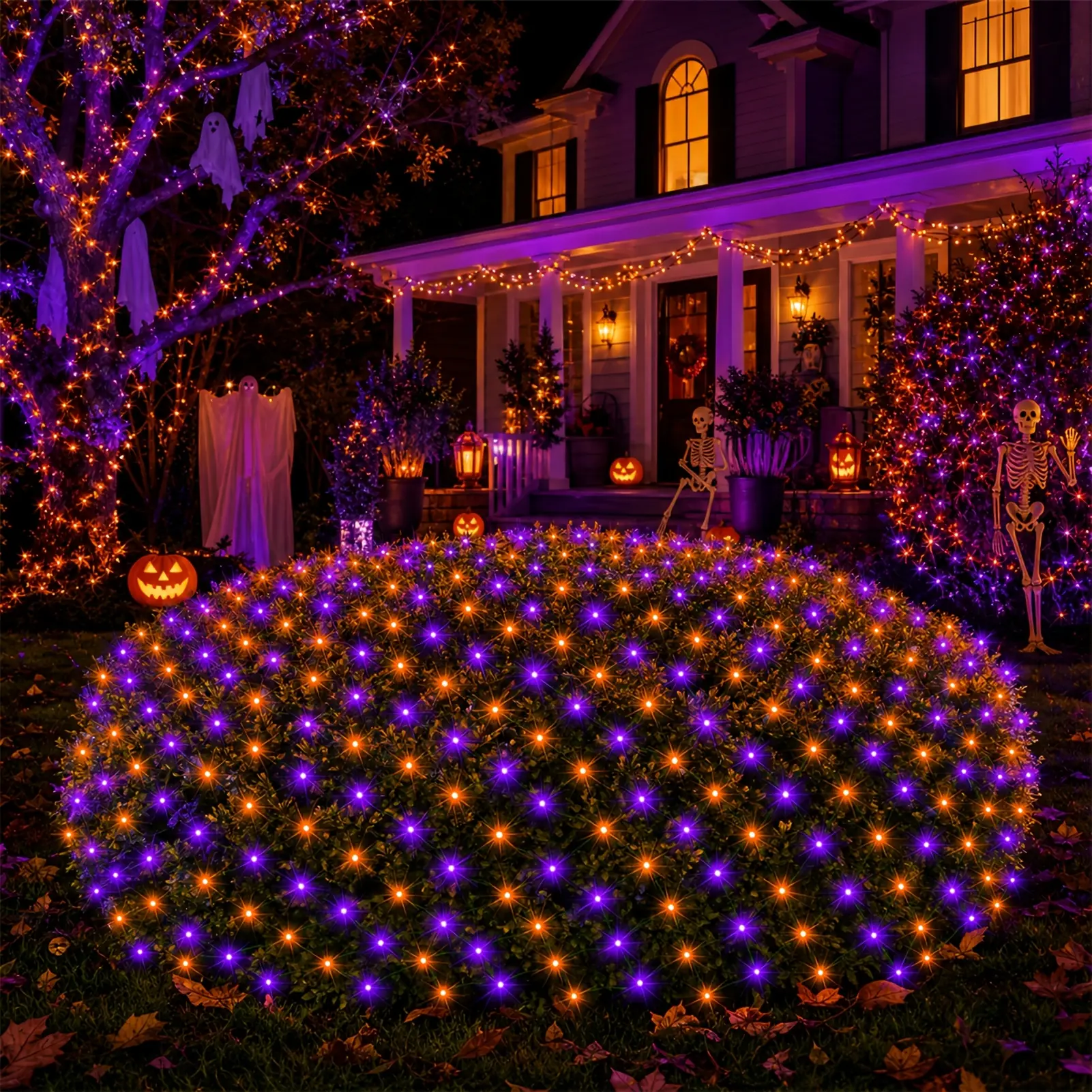 Halloween Net Lights, 200 LED Purple & Orange Mesh Lights, 9.8 x 6.6 FT, 8 Lighting Modes for Bushes, Yard, Windows & Parties