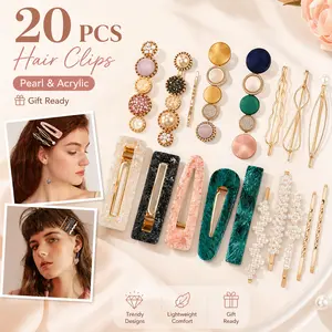 20 PCS Macaron Pearl Acrylic Hair Clips Set, Boho handmade & stylish minimalist design, decorative resin barrettes and bobby pins, elegant geometric hair accessories, ideal daily wedding party headwear gifts for women and girls