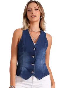INSPIRE CHIC Women's Sleeveless Button Down Jean Waistcoat V Neck Denim Vest