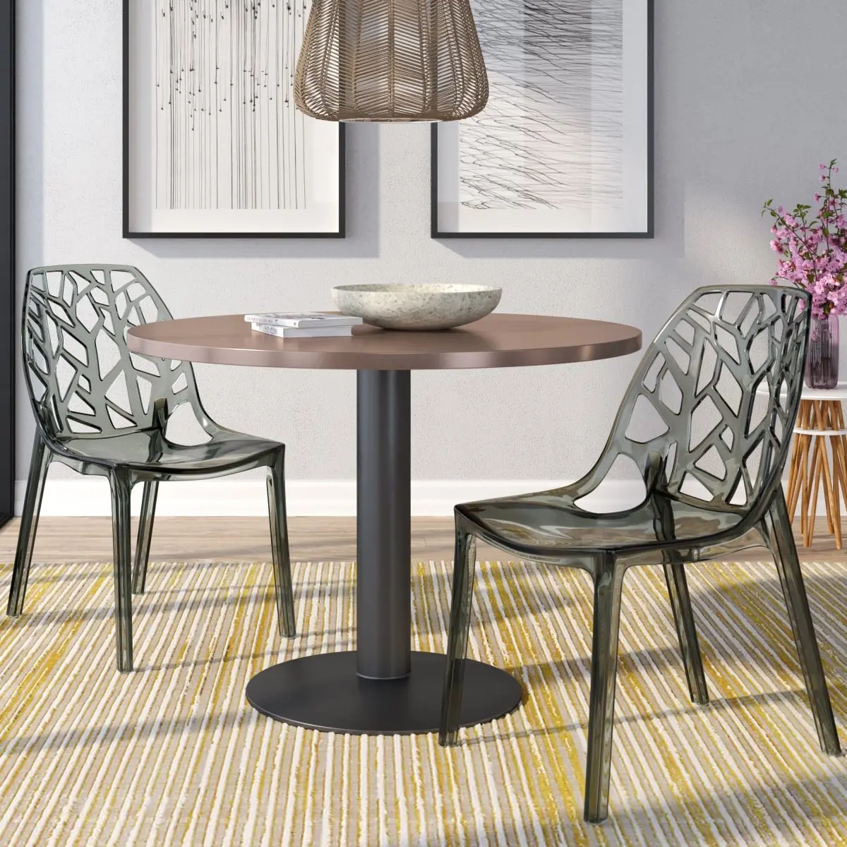 Stackable Chair Set of 2 - Contemporary Transparent Black Plastic Armless Pre-Assembled Indoor/Outdoor Dining Chairs with Plastic Tree Cutouts, Model C18TBL2, 32x17.25x21.50in Furniture for Hallway/Bedroom, 30 lbs Capacity, Home Decor