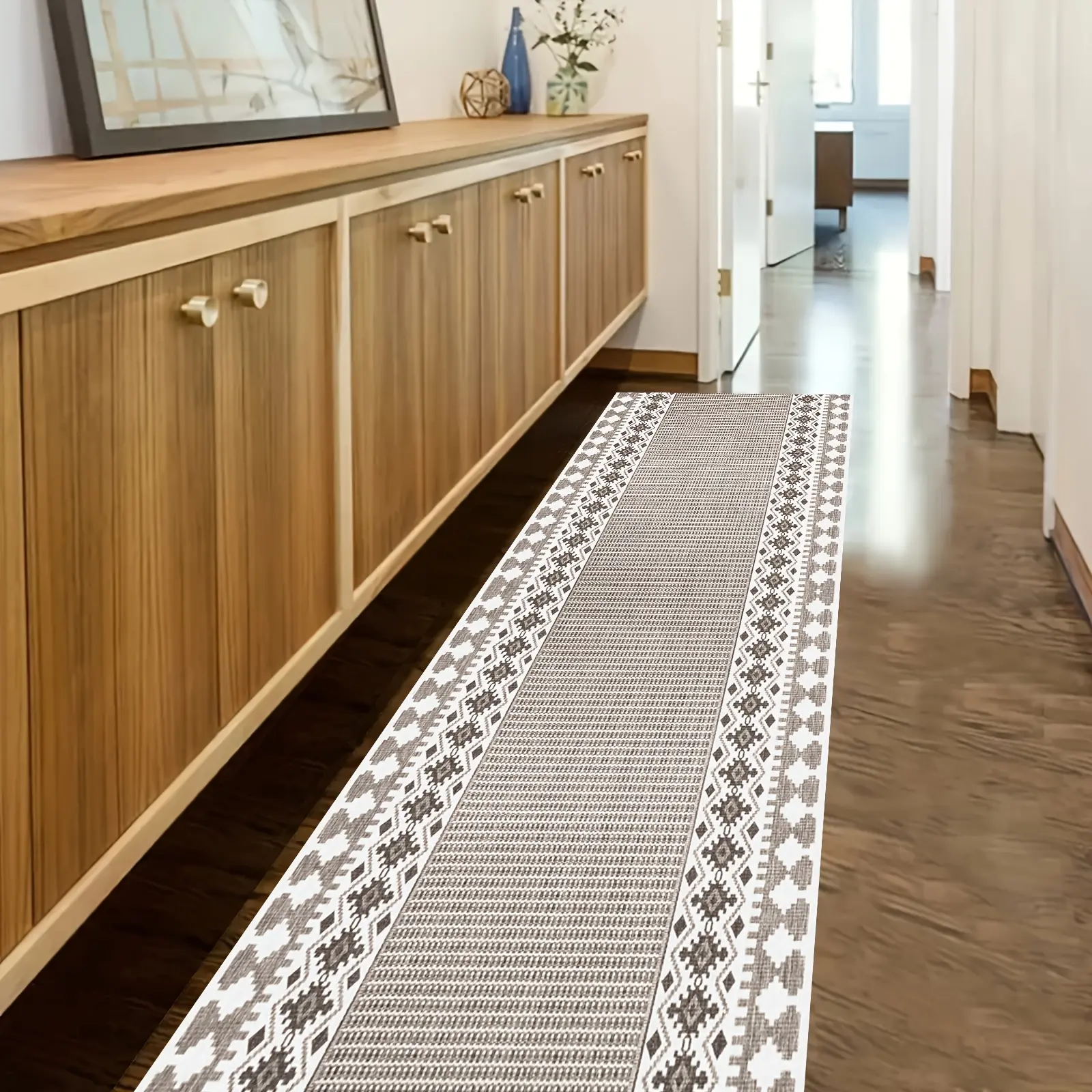 1pc Absorbent Non-Slip Long Runner Rug, Running Mat, Washable And Foldable, Non-Slip Backing, Fiber, Long Strip Mat Nordic Corridor Carpet, Suitable for Hallway, Porch, Kitchen, Laundry Room, Bedroom Bedside Mat, Farmhouse, Living Room, Terrace