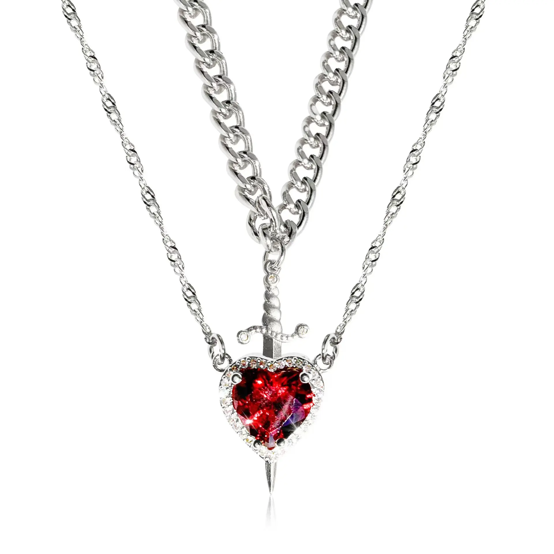 2Pcs/Set Alloy Long Sword Red Heart Pendant Necklaces, Casual Daily Fashion Matching Couple Jewelry, Dainty Valentine's Day Gifts