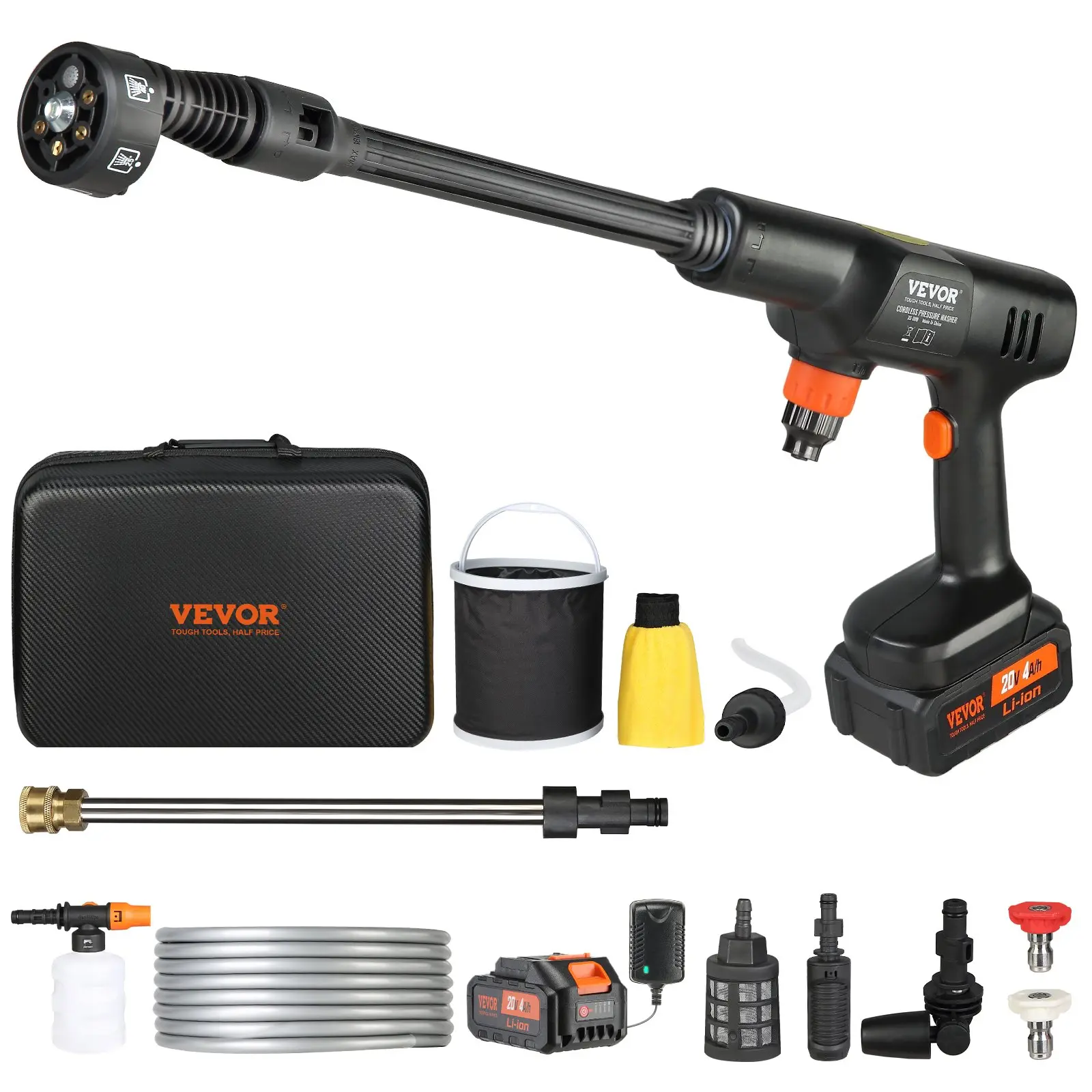 【DealsForYouDays】VEVOR 21V Cordless Brushless Motor High Pressure Washer, 652-PSI 1.0 GPM Portable Car Washer with 3 Pressure Settings, 4.0Ah Battery, Fast Charger, 6-in-1 Nozzle, Handheld Grip, Glass-Safe Design, Long Runtime for Home & Floor Cleaning