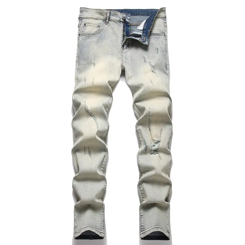 XIMXIMMTIAN Menswear Men's 5105 Retro Blue High-Stretch Full-Length Distressed Slim-Fit Designer Streetwear Jeans - Water-Washed Casual Biker Denim Bottoms with Pocket