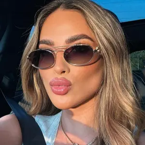 Vintage Metal Double Bridges Women's Oval Sunglasses Punk Men Gradient Shades UV400 Sun Glasses Gold Frame for Outdoor Activities