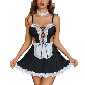 Avidlove French Cosplay Maid Lingerie Set for Women - 4 Pack Halloween Costumes Outfits with Lace-Up Babydoll Dress, Apron, Headband - S-XXL