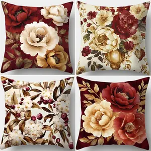 Floral Pattern Cushion Cover, 4 Counts/set Square Throw Pillow Cover, Household Decoration Supplies for Home Living Room Bedroom, Bedroom Decorative Accessories
