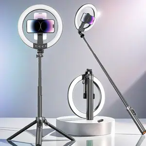 10 Inch Ring Light with Selfie Stick Tripod, Pop Open Stand, 80 Inch Total Height, 3 Color Temperatures, Rechargeable Lithium Battery