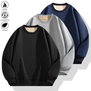 Men'S 3pcs Autumn Winter Outdoor Casual Fashion Tops - Cozy Fleece-Lined Thick Warm Pullover Crew Neck Sweatshirts, Solid Color Regular Fit for Cold Weather | ted Texture, Warmth Clothing, Seasonal Layering, Minimalist Design,