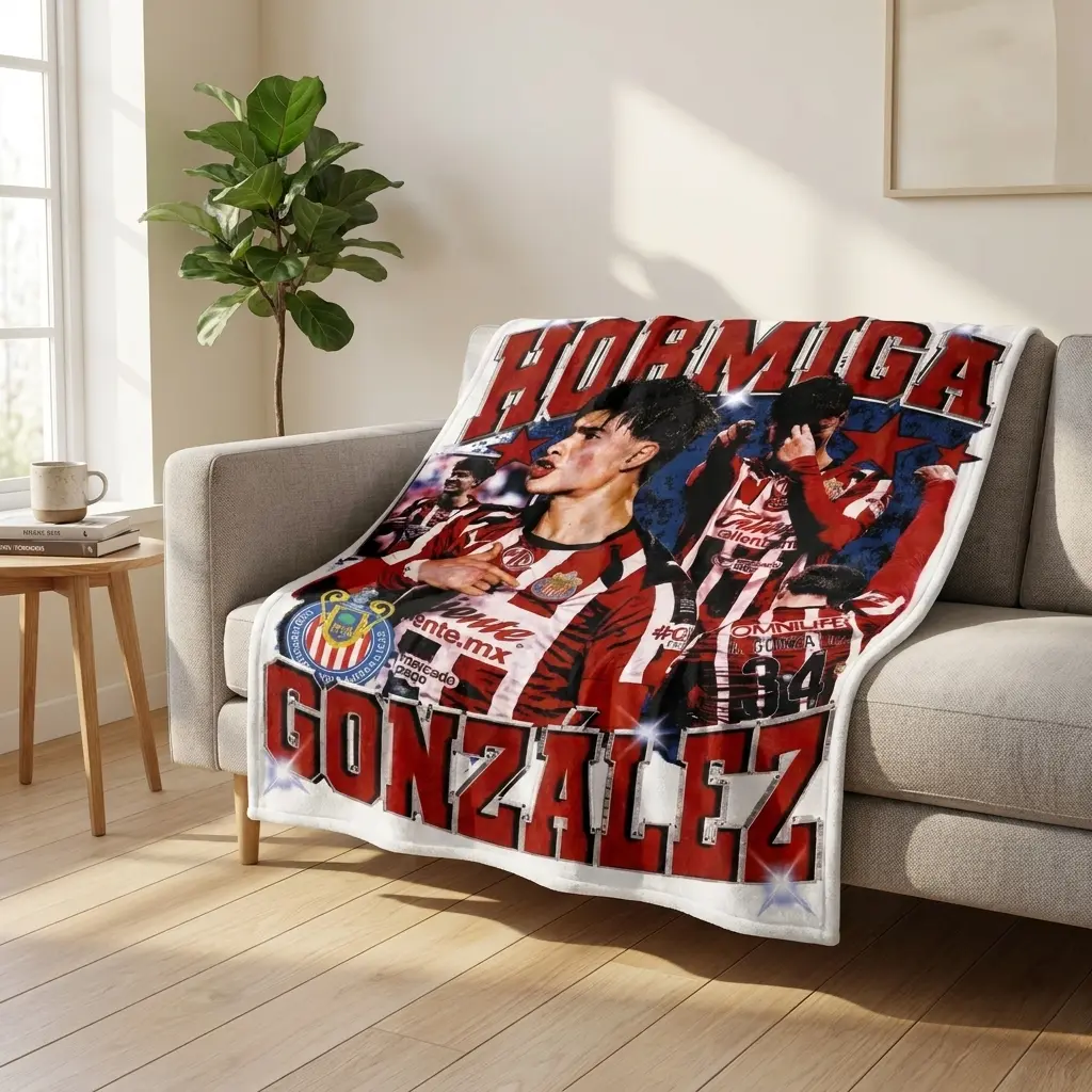 Hormiga González Chivas Guadalajara Retro Bootleg Collage Flannel Throw Blanket, Mexican Football Player Portrait Print Soft Warm Fleece Blanket, Liga MX Soccer Fan Home Decor Blanket, Football Supporter Gift