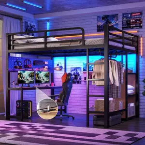 Queen Loft Bed with Storage Shelves and Desk, Metal Loft Bed with USB Ports, Lights, and Hanging Rod, Cave Board Design, Black