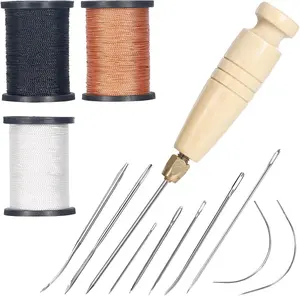 3-Spool Nylon Thread Sewing Kit, 80 Yards Each, Heavy Duty Needles (5 Straight, 2 Curved), Sewing Awl, Ideal for Upholstery, Leather, Shoes & DIY Crafts – Complete Hand Sewing Repair Kit for Furniture, Bags, Canvas, and Outdoor Gear
