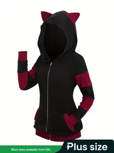 【Plus Size】 3D Ear Design Colorblock Zipper Hooded Coat, Casual Long Sleeve Pocket Outerwear for Spring & Fall, Women's Clothes for Daily Wear