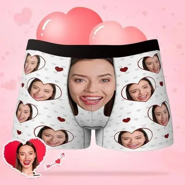 Personalized Face Boxer with Heart for Men – Funny Valentine Gift, Custom Photo Underwear from Girlfriend or Wife, Men Underwear Gift Idea