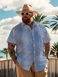 Large Size Men's Light Blue Gold Leaf Tropical Shirt, Summer Loose Fit Breathable Short Sleeve, Plus Size Beach Vacation Casual Top