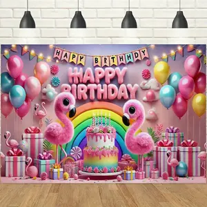 1pc 2D Pink Flamingo Birthday Banner, Plush Flamingos & Rainbow Cake, Sweet Dreamy & Girly Vibe, Perfect for Birthdays, Girly Gatherings & Pink-Themed Celebrations Decor Backdrop