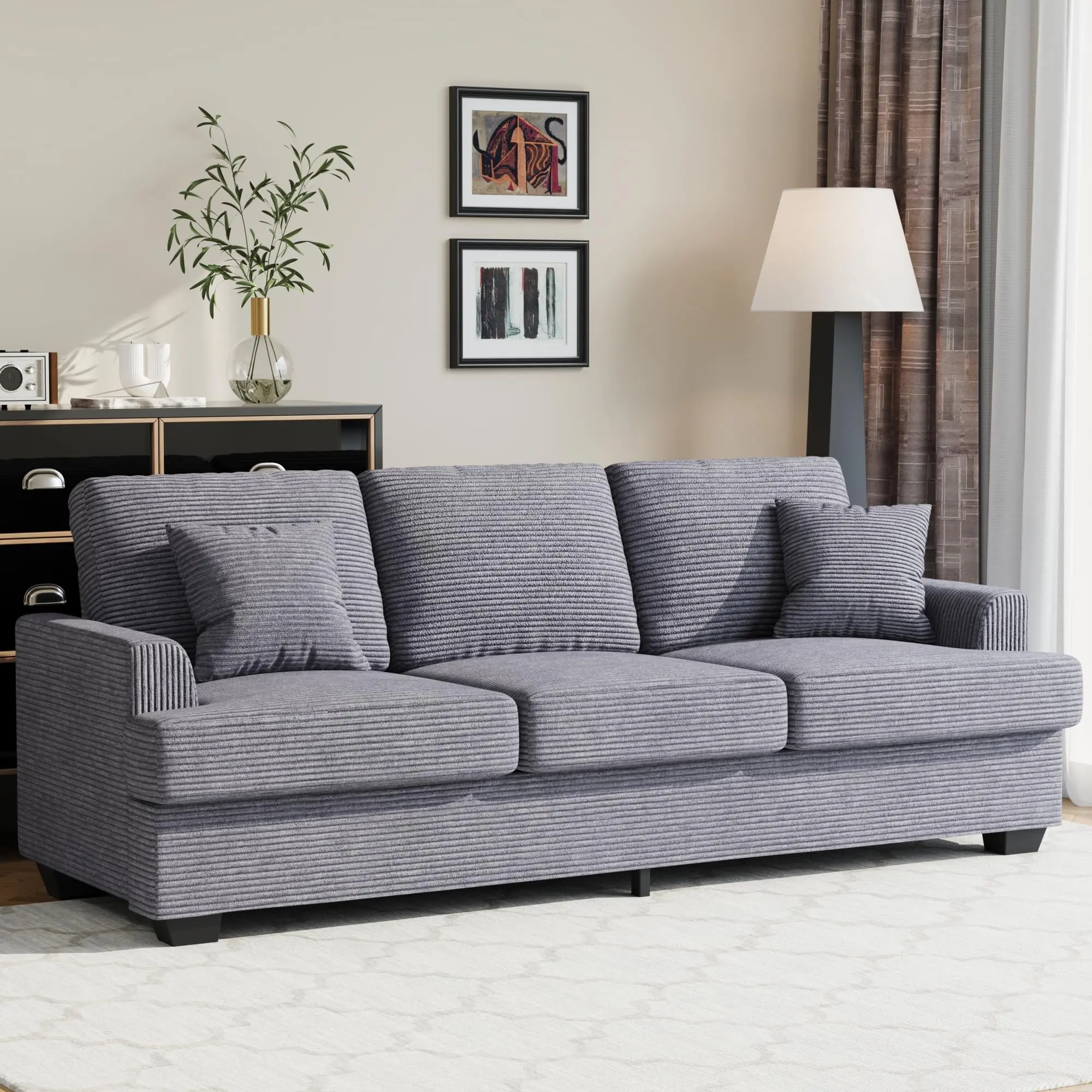 Garvee Modern 86" Grey Corduroy Sofa with Deep Seat, Upholstered Cushion, Removable Cover & 2 Throw Pillows - Comfortable Couch for Small Space Apartment Lounge