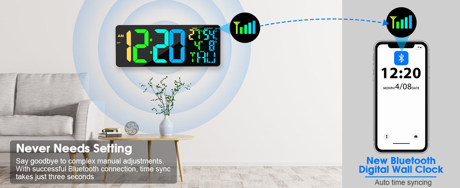 11 RGB Color Changes Large Digital Wall Clock/Bluetooth Auto Time Sync, Remote-Controlled Digital Wall Clock Large Display with Alarm/Timer Function, DST, Indoor Temperature/Humidity Display (18 inch)