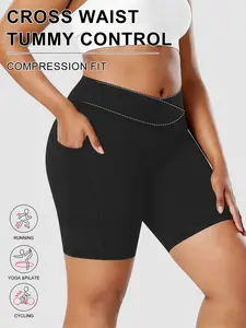 Plus Size Cross Waist Pocket Skinny Shorts, High Elasticity Four-Way Stretch, Soft Comfortable Commuter Pants, Slimming Five-Quarter Leggings, Running Workout Shorts, Running Yoga Shorts