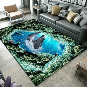 2D Illusion Tropical Lagoon with Dolphins Flannel Area Rug - Oversized Soft Plush Mat for Living Room & Game Room, Non-Slip Optical Illusion Home Decor #2DIllusionRug #OpticalIllusionDecor #GameRoomCarpet #FlannelMat #NonSlipRug