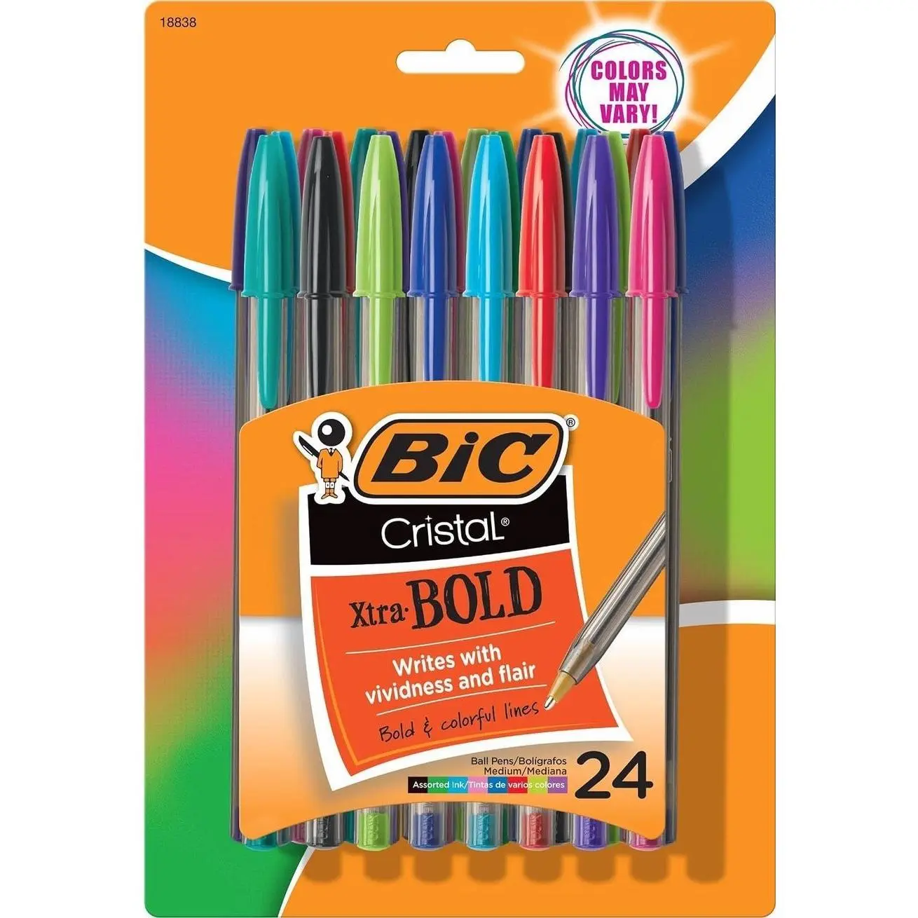 BIC Cristal Xtra Bold Ballpoint Pens, Bold Point, 1.6 mm, 24-Count Pack | Bold Point 1.6 Mm for Smooth Writing, Assorted Colors for Color-Coding, Ideal for School Supplies and Coded Notes