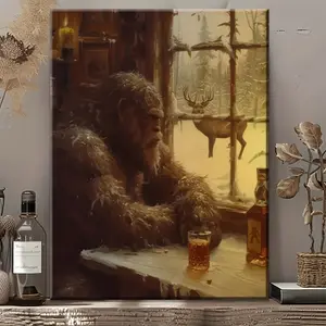 Vintage Bigfoot Whiskey Scene Canvas Print with Solid Wood Frame - Rustic Cabin Decor, Perfect for Home Office, Bedroom or Cafe, Unique Gift Idea, Vintage Home Decor, 2D, Perfect for Room Decoration, Western Wall Art