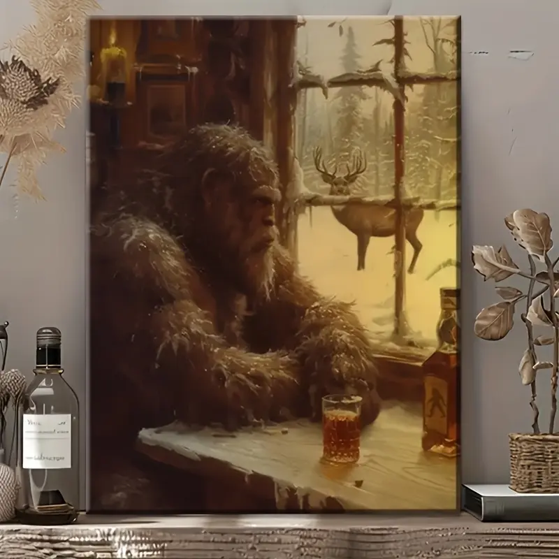 Vintage Bigfoot Whiskey Scene Canvas Print with Solid Wood Frame - Rustic Cabin Decor, Perfect for Home Office, Bedroom or Cafe, Unique Gift Idea, Vintage Home Decor, Vintage Prints, 2D, Perfect for Room Decoration, Western Wall Art