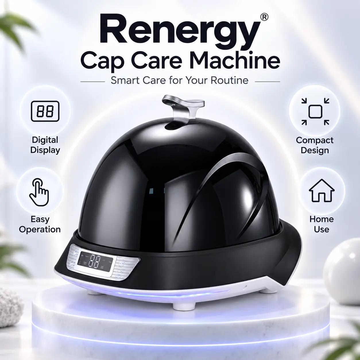 Renergy Cap Care Machine, All-in-One Cap Steamer, Dryer, Shaper and Wrinkle Smoother, Helmet & Hat Washer Cage with 3-Color Lighting, Keep Hat/Cap Clean and Shaped, Dark