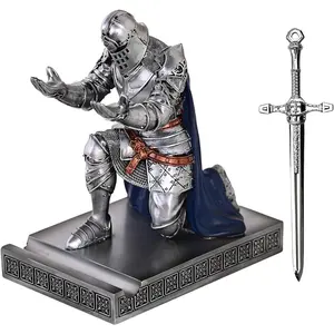 's Guard Leader Cloak Warrior Knight Pen Holder Mobile Phone Stand, Ornament Knight Statue, Pen Stand Paperweight for Office and  (SilverBlue)