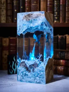 3D Ice Dragon Resin Sculpture Fantasy Castle Diorama Wood Resin Block Home Decor Medieval Art Piece Desk Shelf Decoration Unique Gift for Dragon Lovers