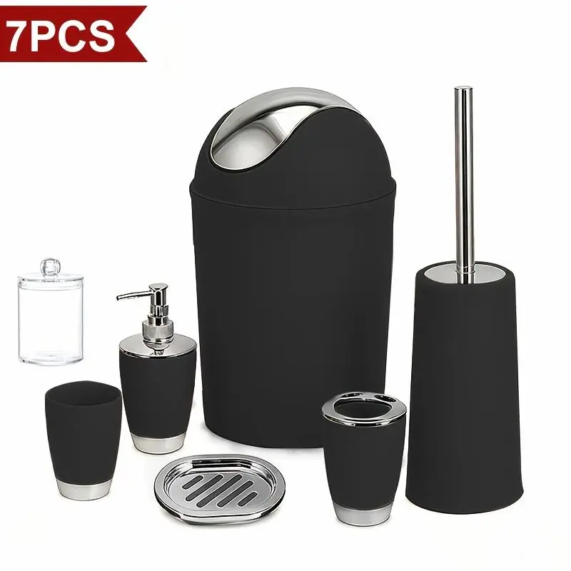 7pcs Luxury Bathroom Accessory Set - Premium Quality Modern Style, Complete with Trash Can, Toilet Brush, Lotion Dispenser, Soap Dish, Mouthwash Cup & Toothbrush Holder - Space-Saving, Easy-to-Clean, Ideal for Bathroom Decor and Housewarming Gifts