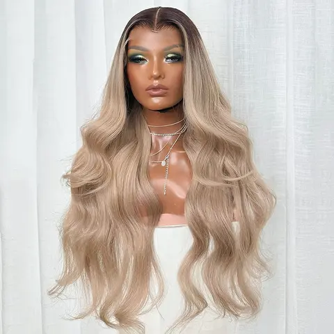 Ombre Brown Roots Milk Tea Blonde Color 13X6 Hd Transparent Lace Frontal Remy Wig 180% Density Ash Blonde Colored Can Be Restyled Pre Plucked Lace Front Human Hair For Women