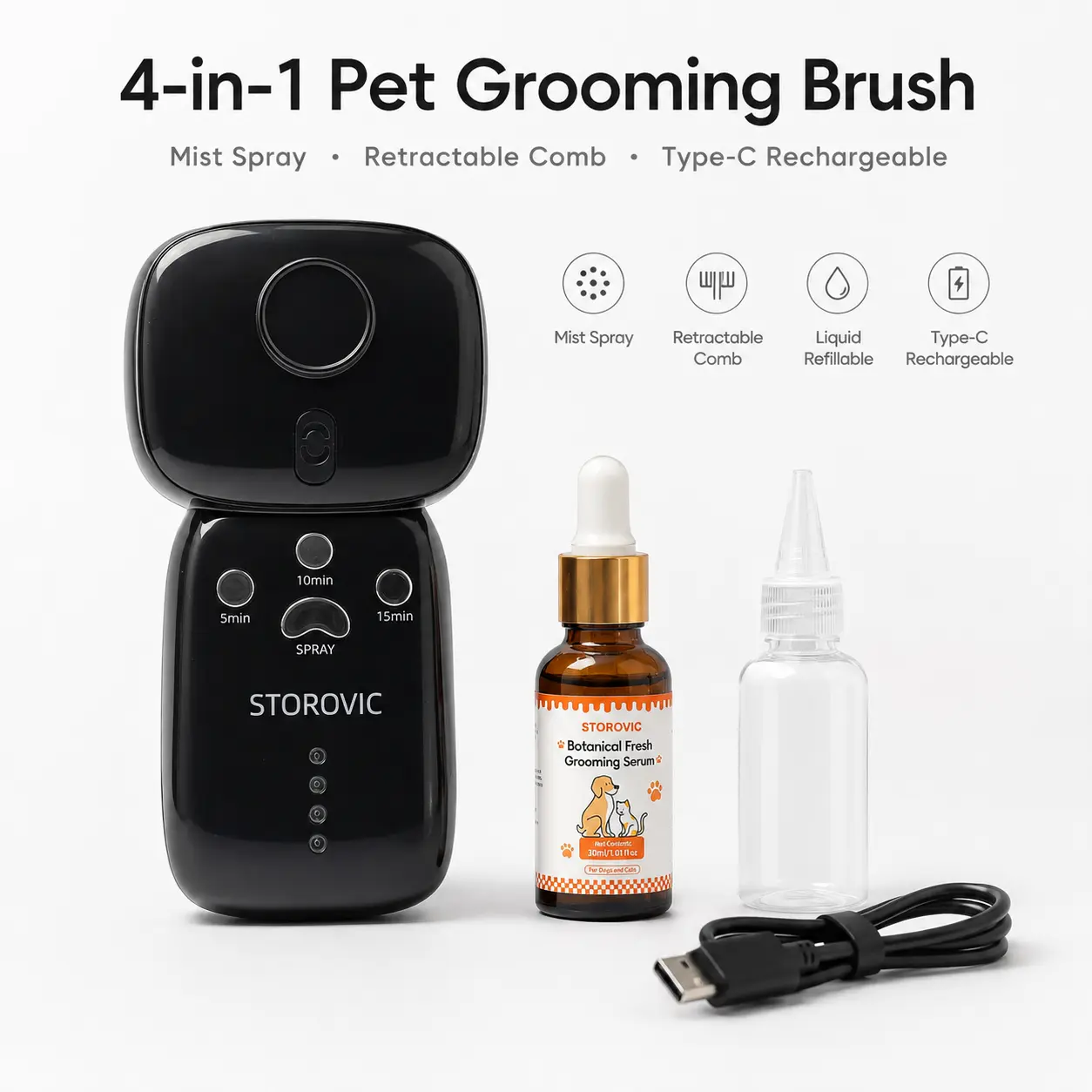 STOROVIC 4-in-1 Dog & Cat Grooming Brush, Rechargeable Pet Mist Spray Brush with Retractable Self-Cleaning Comb, Grooming Serum, Refill Bottle & Type-C Charging Cable