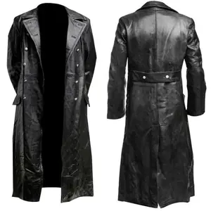 Men’s Black Leather Trench Coat – Warm Winter Long Coat Jacket, Outerwear, Top, Menswear, Beige Faux Leather, Gothic Style, Classic Button Closure, Elegant Fashion