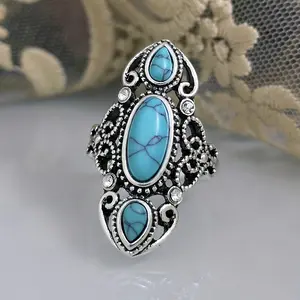 Retro Style Natural Turquoise Ring Creative Hollow Carved Lapis Lazuli Ring