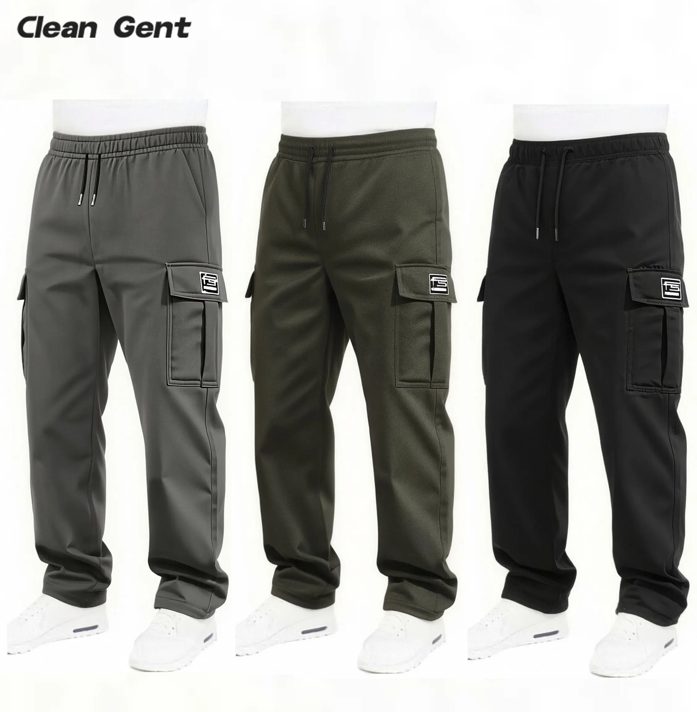 Clean Gent men’s solid-color cargo pants, regular fit, casual, comfortable, breathable running/jogging pants suitable for training, workouts, outdoor sports, and everyday wear—men’s long pants ideal for all seasons.