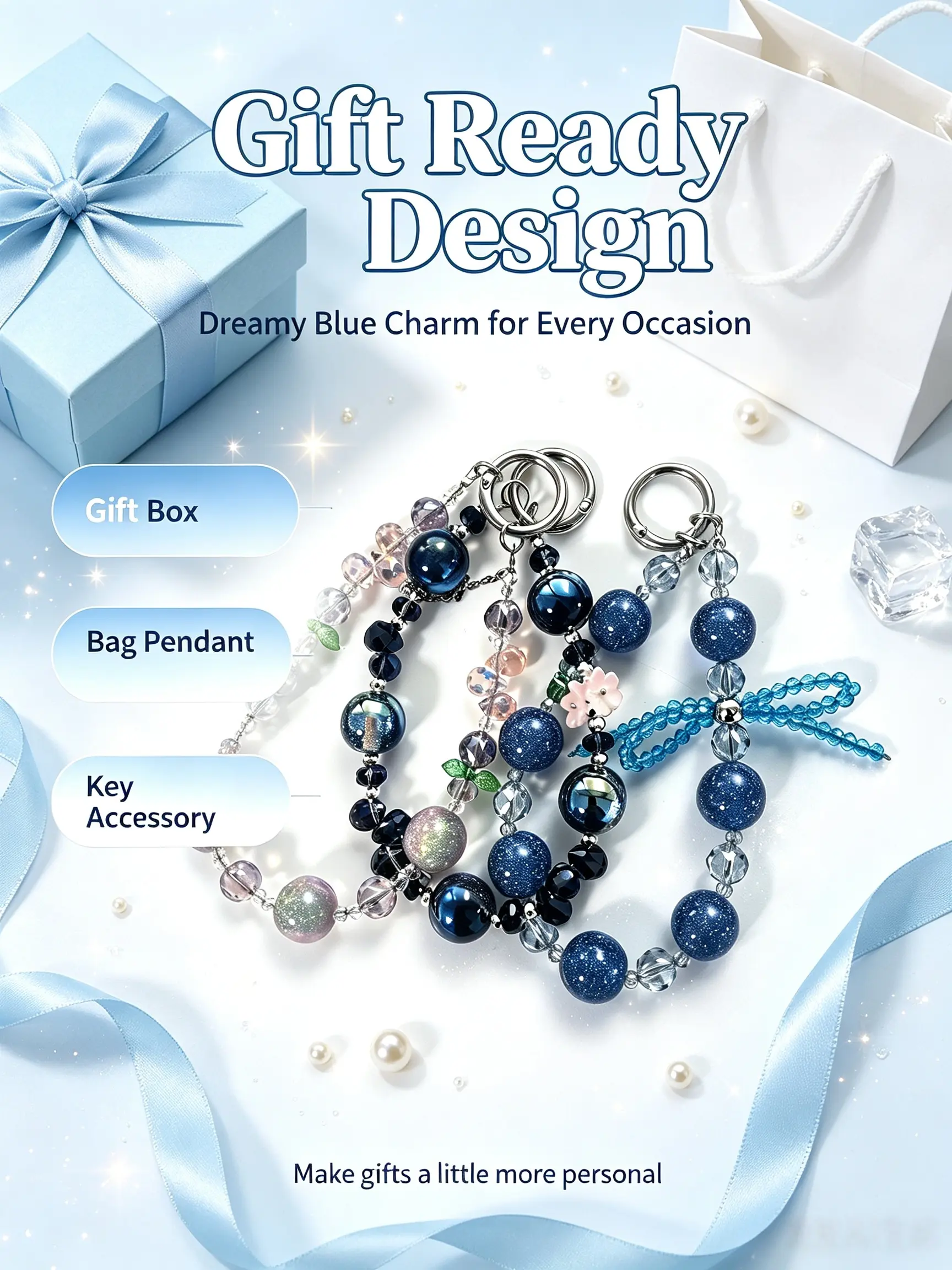Celestial Azure Crystal Beaded Bow Pendant, Exquisitely Handcrafted Charm